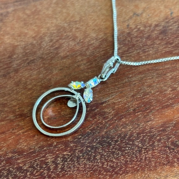 Sterling Silver Opal Pendant Necklace 925 Chain 17” Modern Double Circle Design - Picture 4 of 9